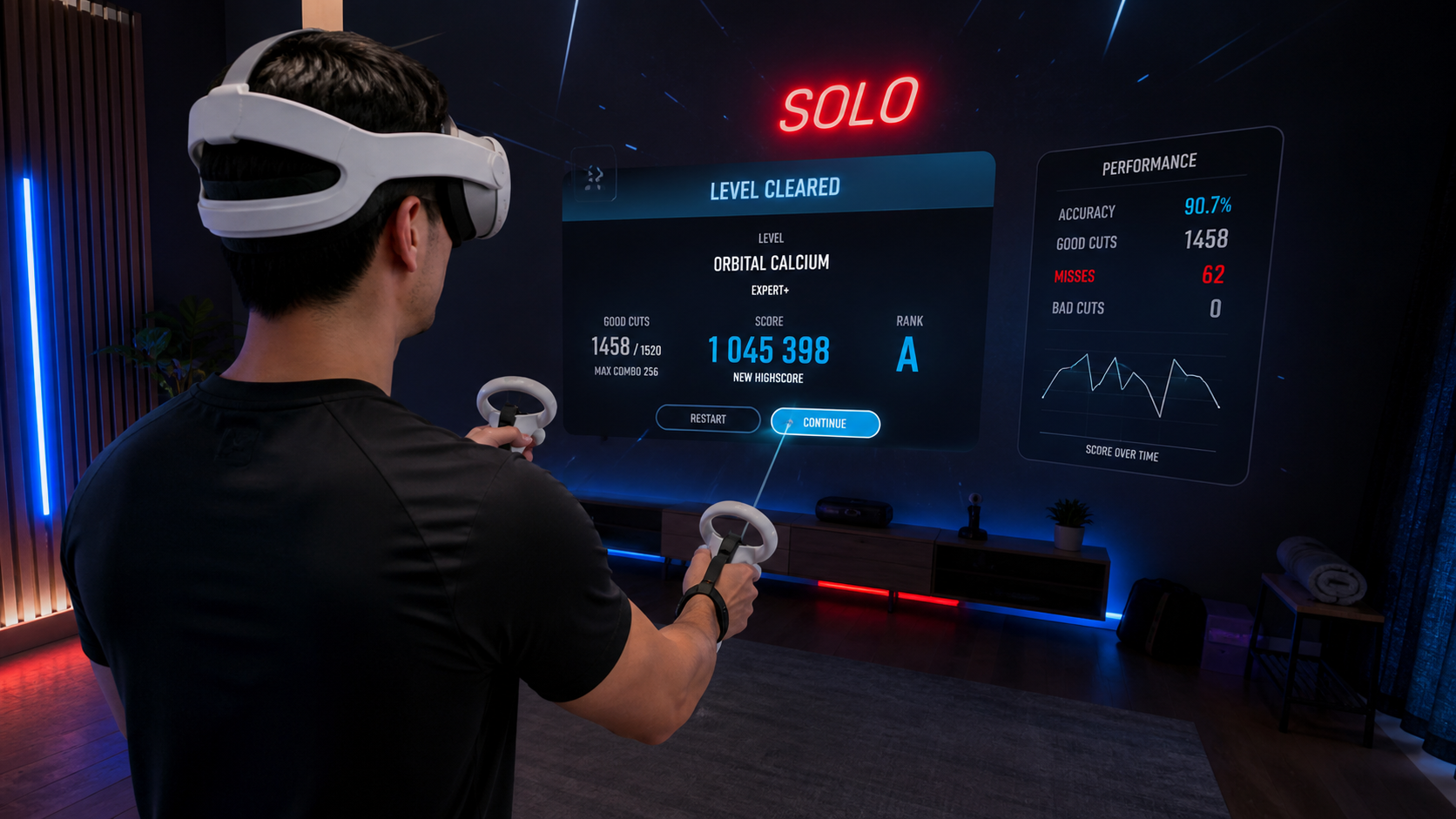 A Beat Saber player looking at their score on a virtual screen, focusing on accuracy and misses
