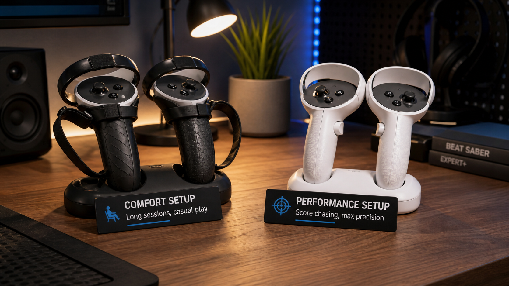 A desk showing two controller setups, one with grips for comfort and one without for performance