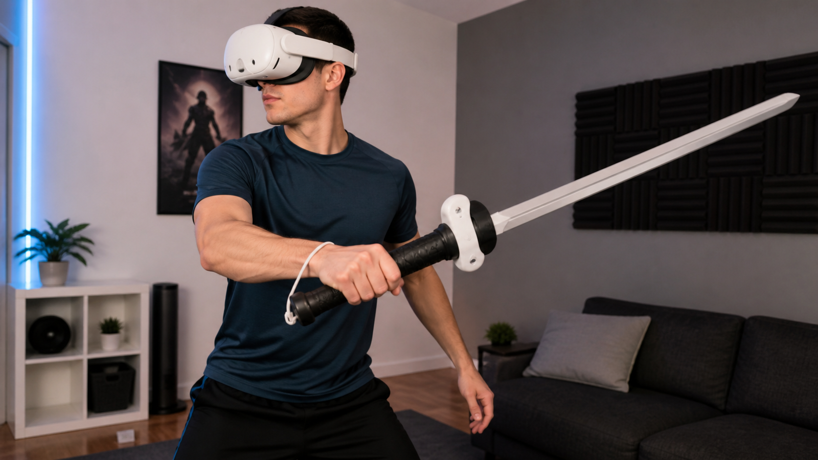 A person holding a Quest Touch Plus Controller with a VR Sword accessory attached, ready to play.