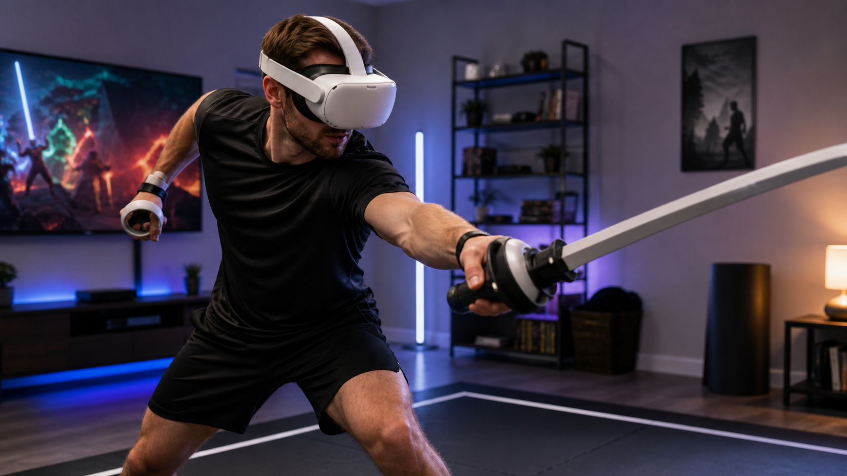 A VR fitness player in mid-swing with a VR Sword attachment, showing intense and focused movement.