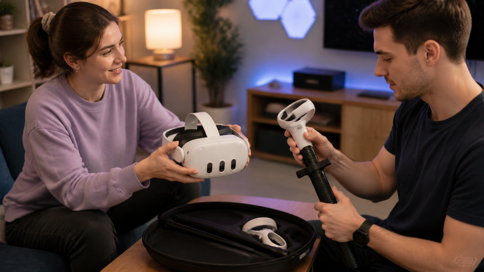 Two people swapping a VR headset, one person is removing the VR Sword accessory from the controller.