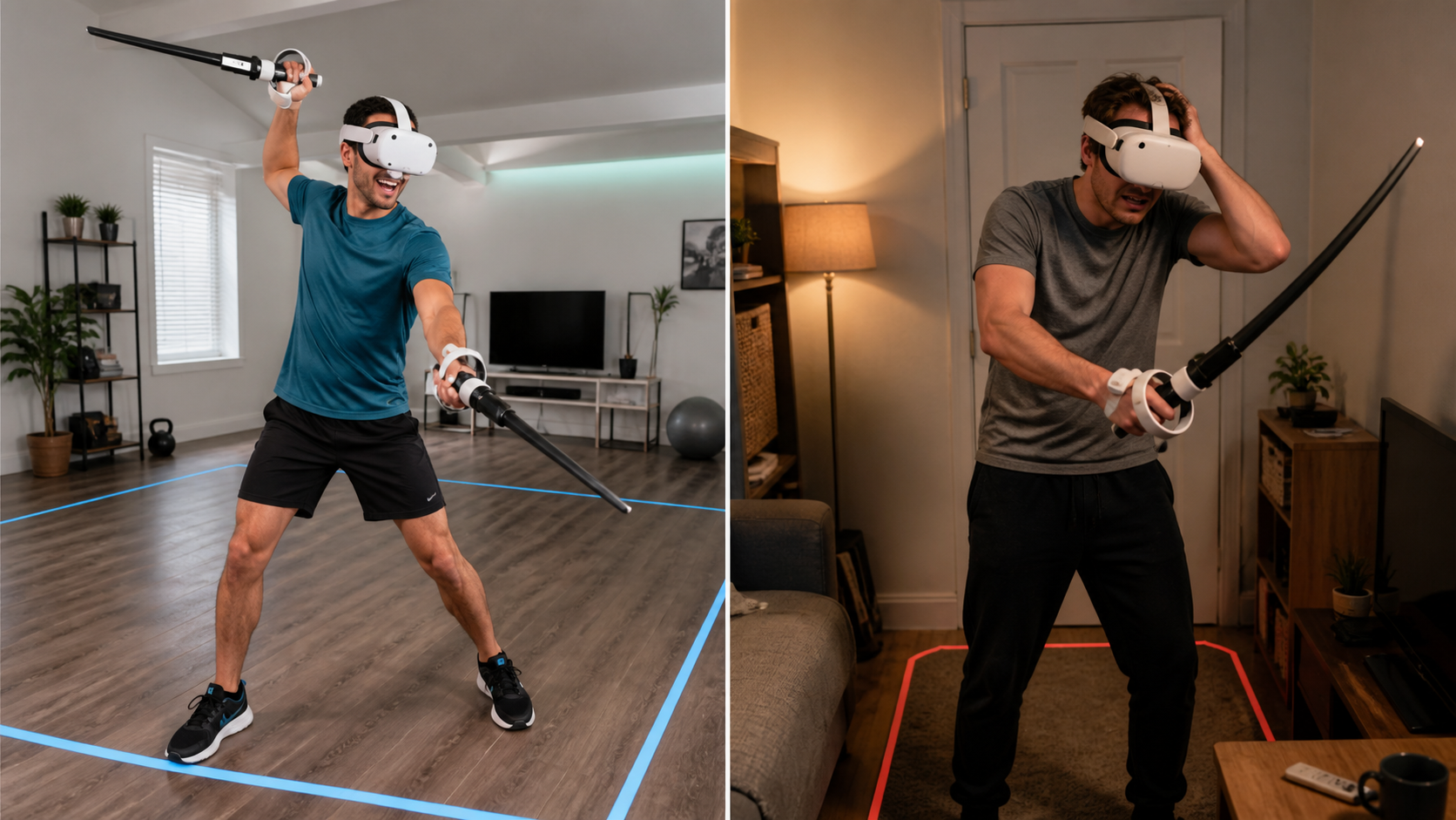 A split image showing a happy gamer in a large space and a frustrated one in a small room.