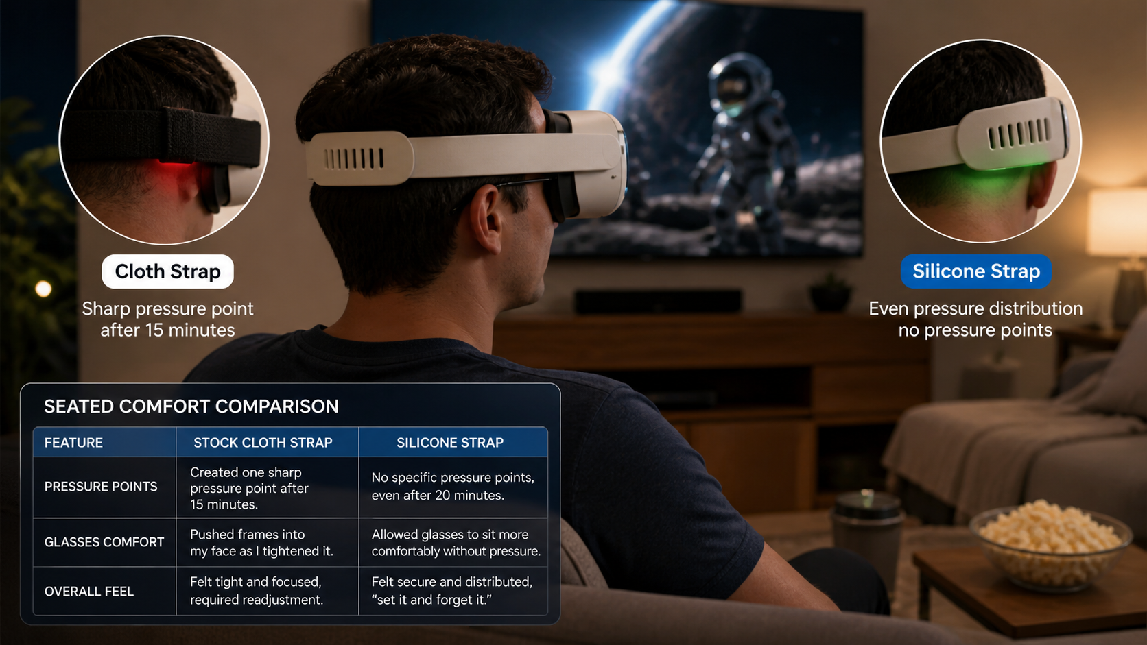 A glasses wearer watches a movie on their VR headset, comparing the comfort of a silicone strap versus a cloth one.