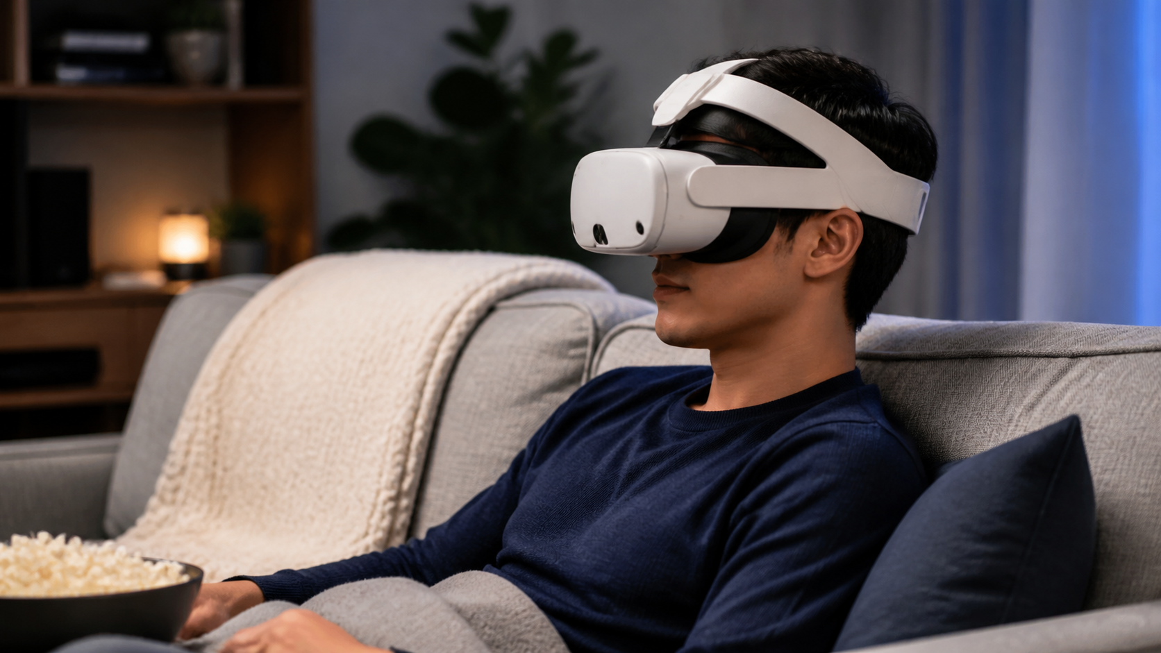 A user sits comfortably on a couch watching a film in their VR headset, which is fitted with a silicone strap.