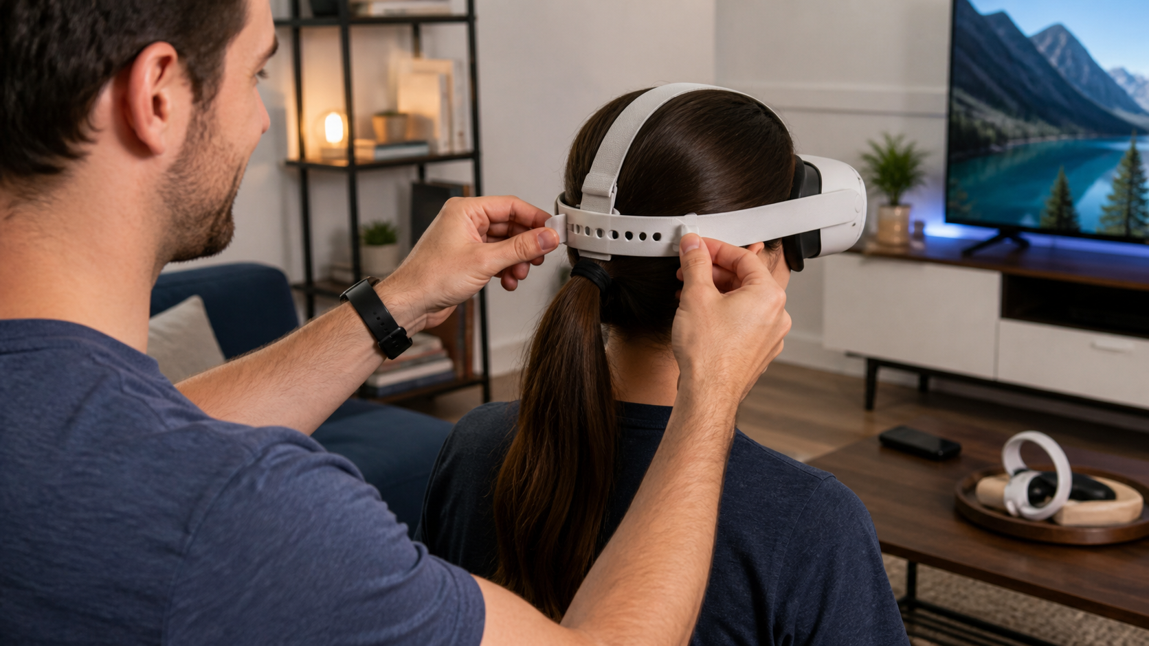 A person with a large head easily adjusts a silicone VR strap for someone with a smaller head.