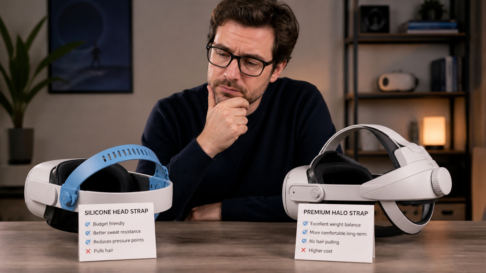 A VR user deciding between a simple silicone head strap and a more complex, premium halo strap for their headset.