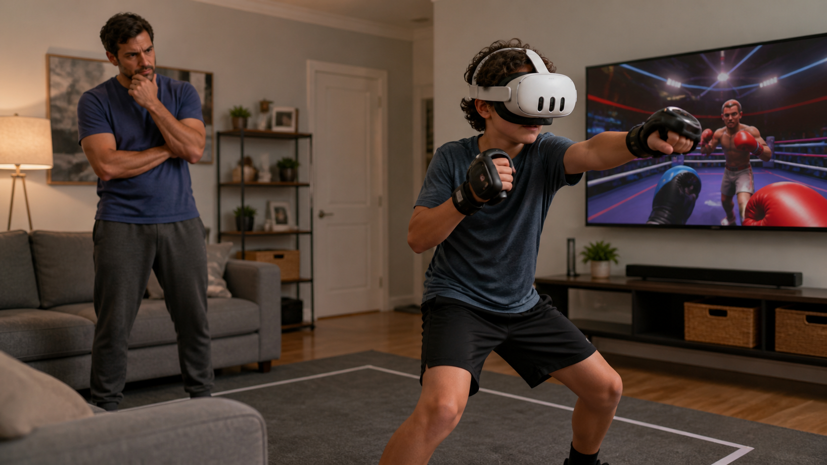 A parent watches with concern as their child plays a VR boxing game in a living room
