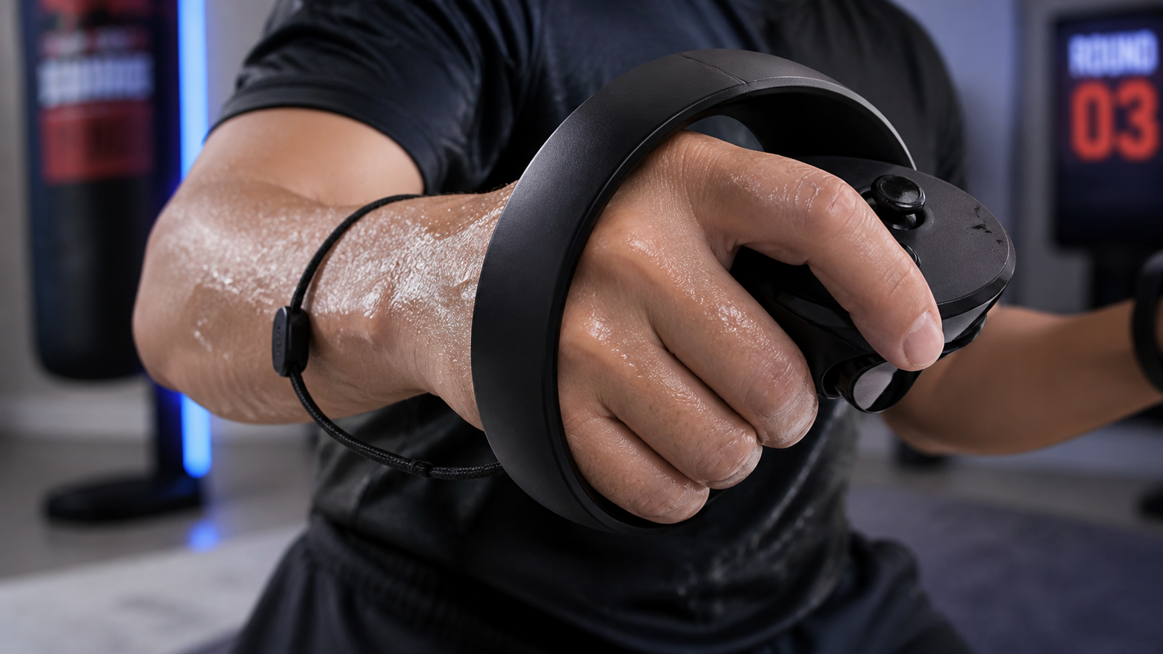 A close-up view of a sweaty hand struggling to grip a Quest Pro controller securely during a workout