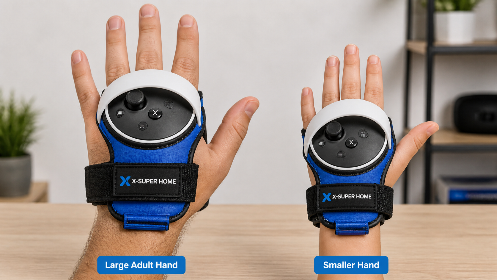 A side-by-side photo showing the same VR boxing glove fitting on a large adult hand and a smaller childs hand