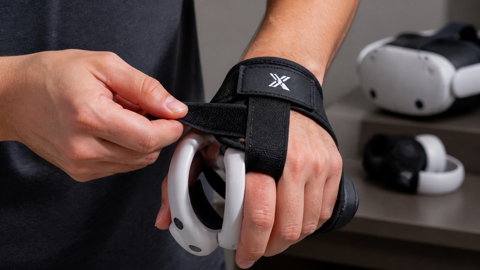 A person easily adjusting the velcro knuckle strap on a VR boxing glove to fit their hand size perfectly