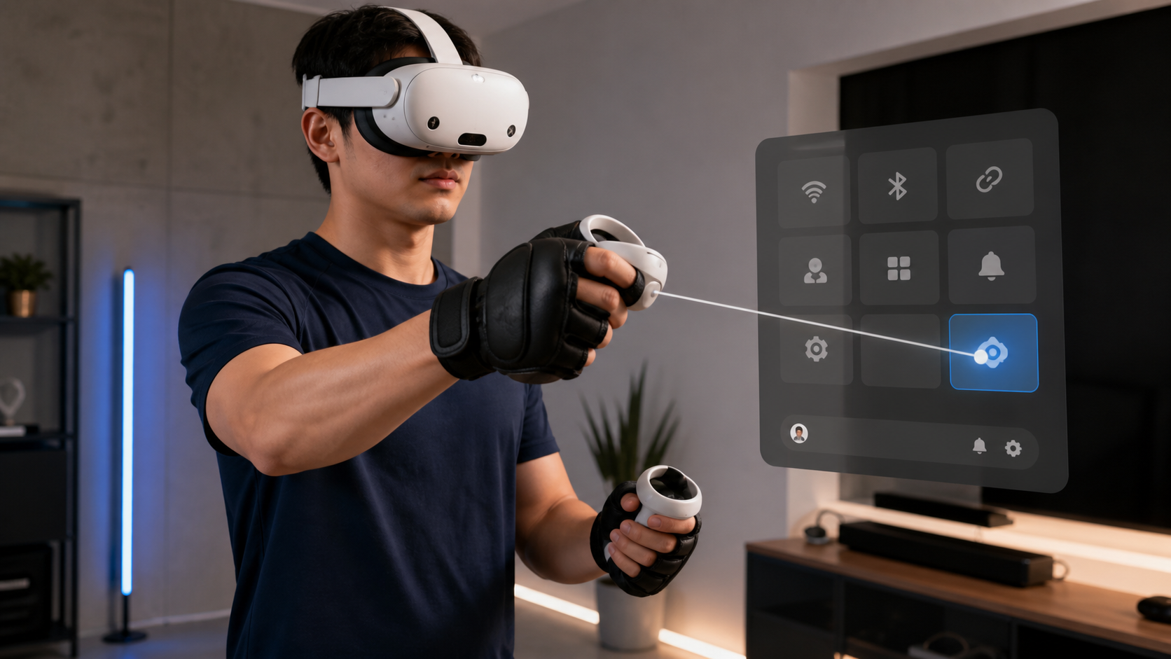 A person wearing VR boxing gloves easily and precisely navigating the Quest Pro system menu with the controller pointer