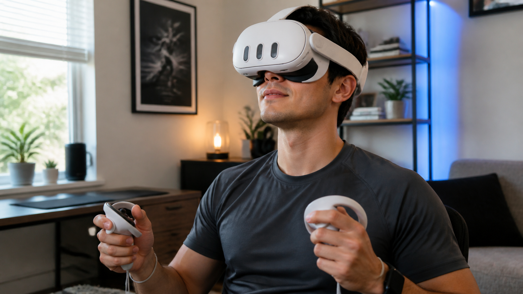 A person wearing a Quest 3 with an open facial interface, looking comfortable but with ambient room light visible.