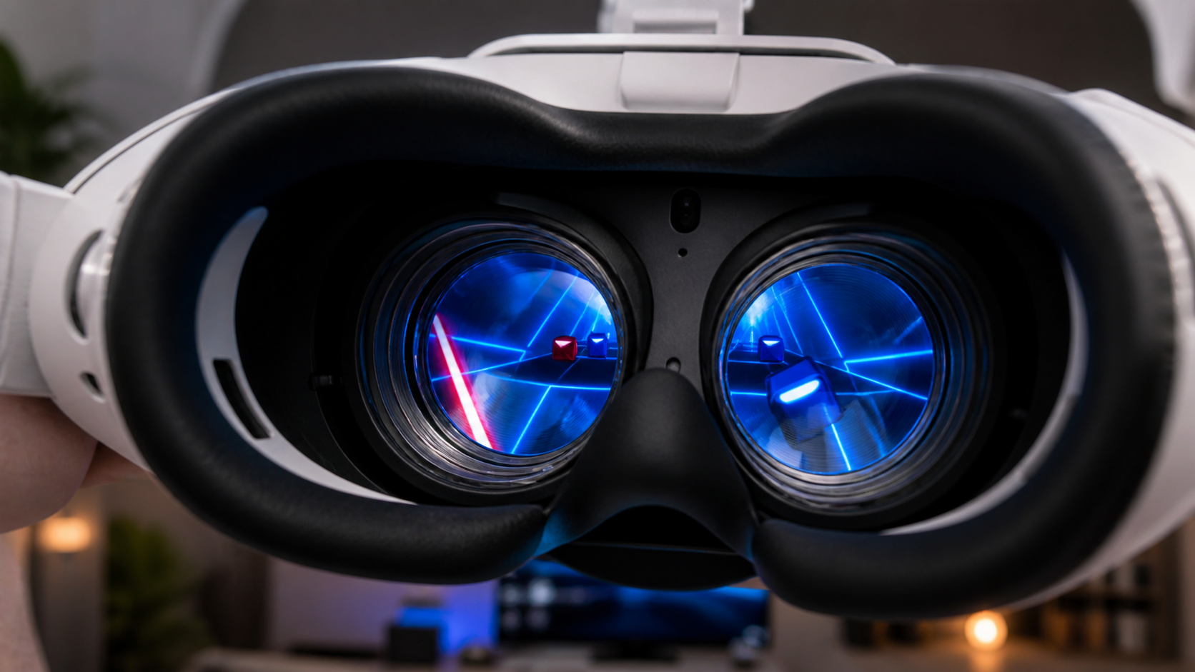 A close-up view of pristine, fog-free Quest 3 lenses thanks to an open facial interface during an active game.