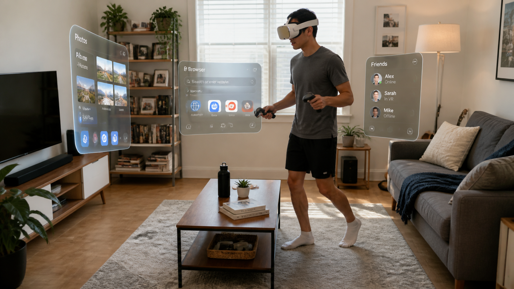 A person in their living room using mixed reality, easily walking around a coffee table thanks to peripheral vision.
