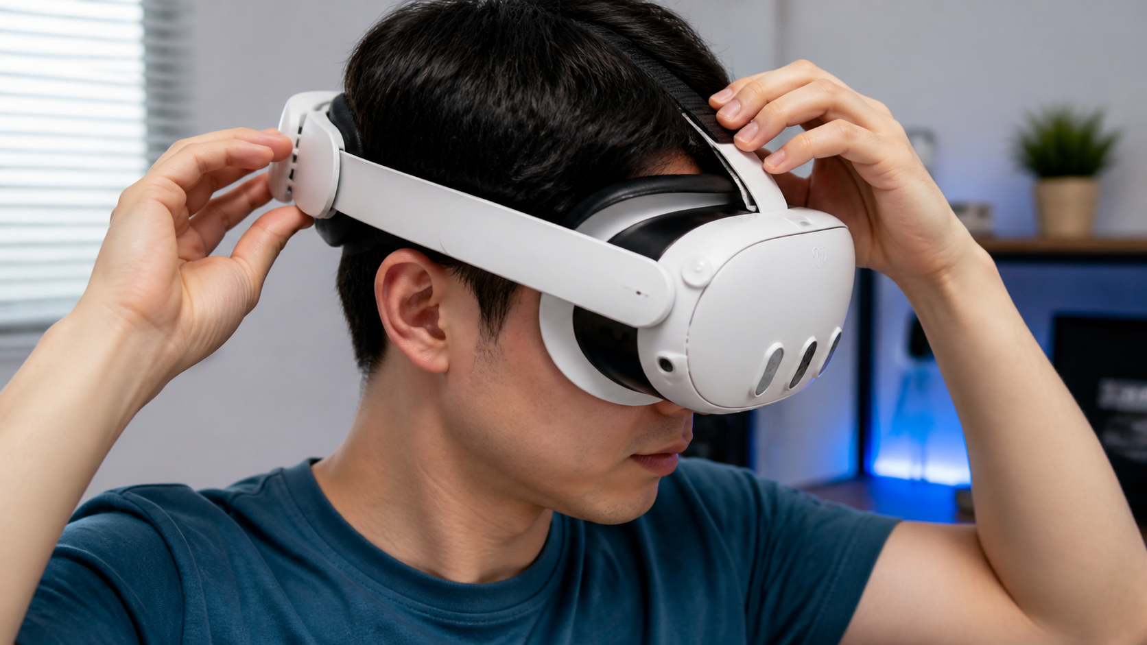 A user carefully adjusting the head strap on their Quest 3 with an open interface to achieve a perfect, stable fit.
