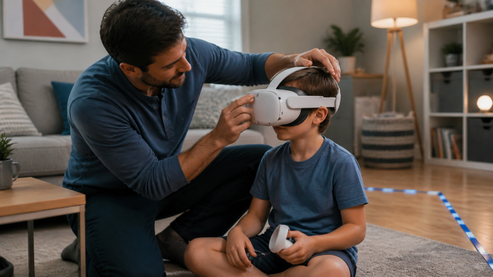 A parent helping their child safely adjust a VR headset in their living room, emphasizing a secure fit for play.