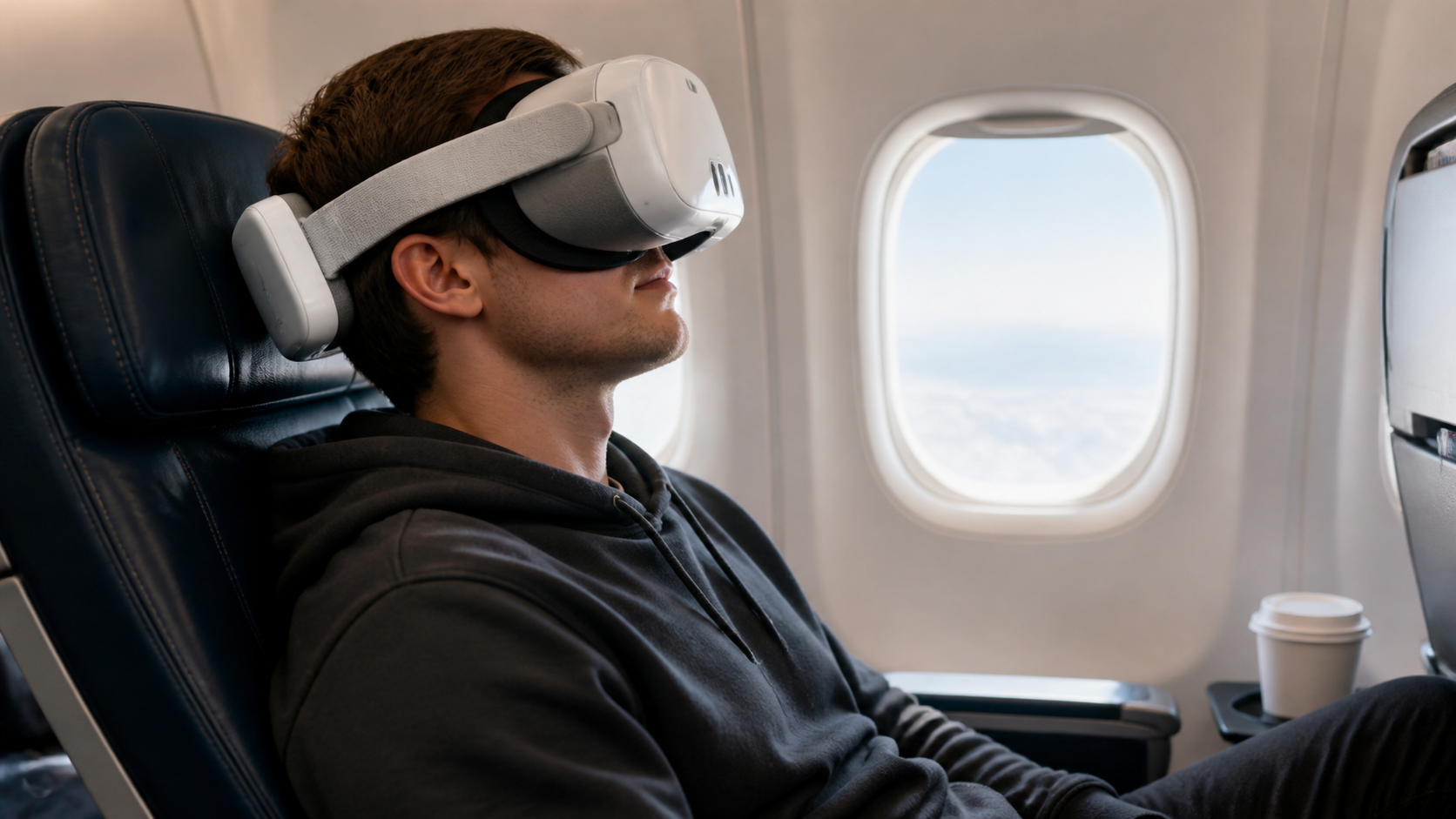 A person wearing a Meta Quest 3 with an attached battery pack while sitting in an airplane seat.