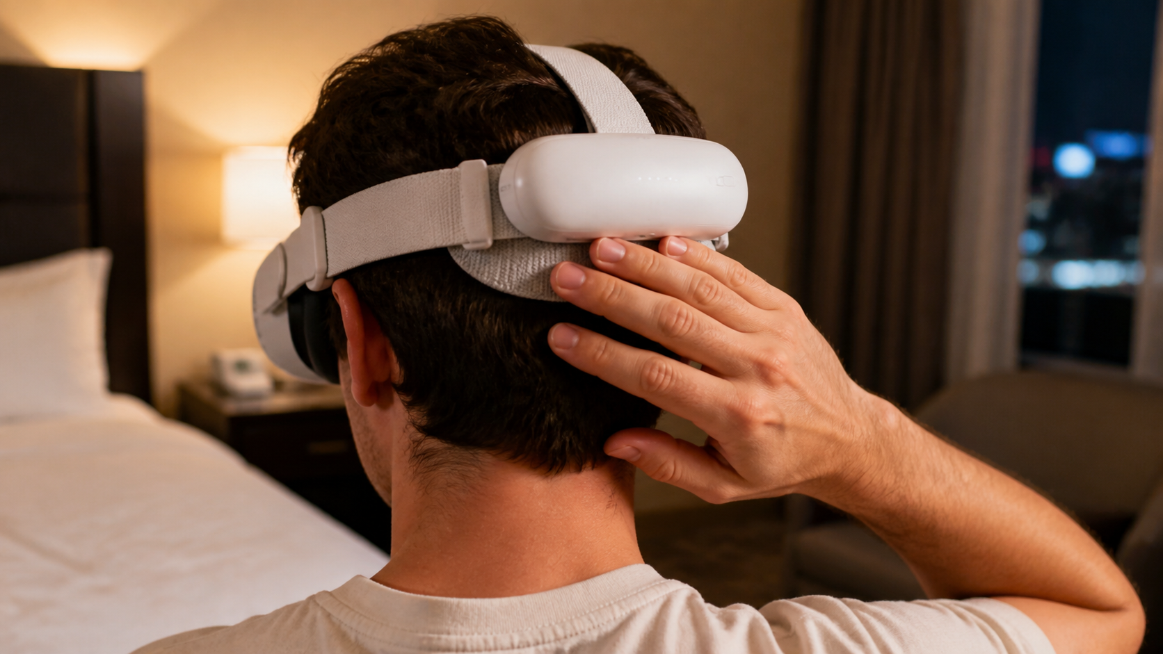 A user touching the back of their head, feeling the warmth from the Quest Battery Pack after travel.