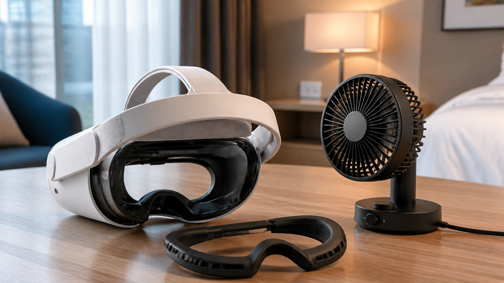 A Quest 3 headset set up with an open facial interface next to a small desk fan in a room.