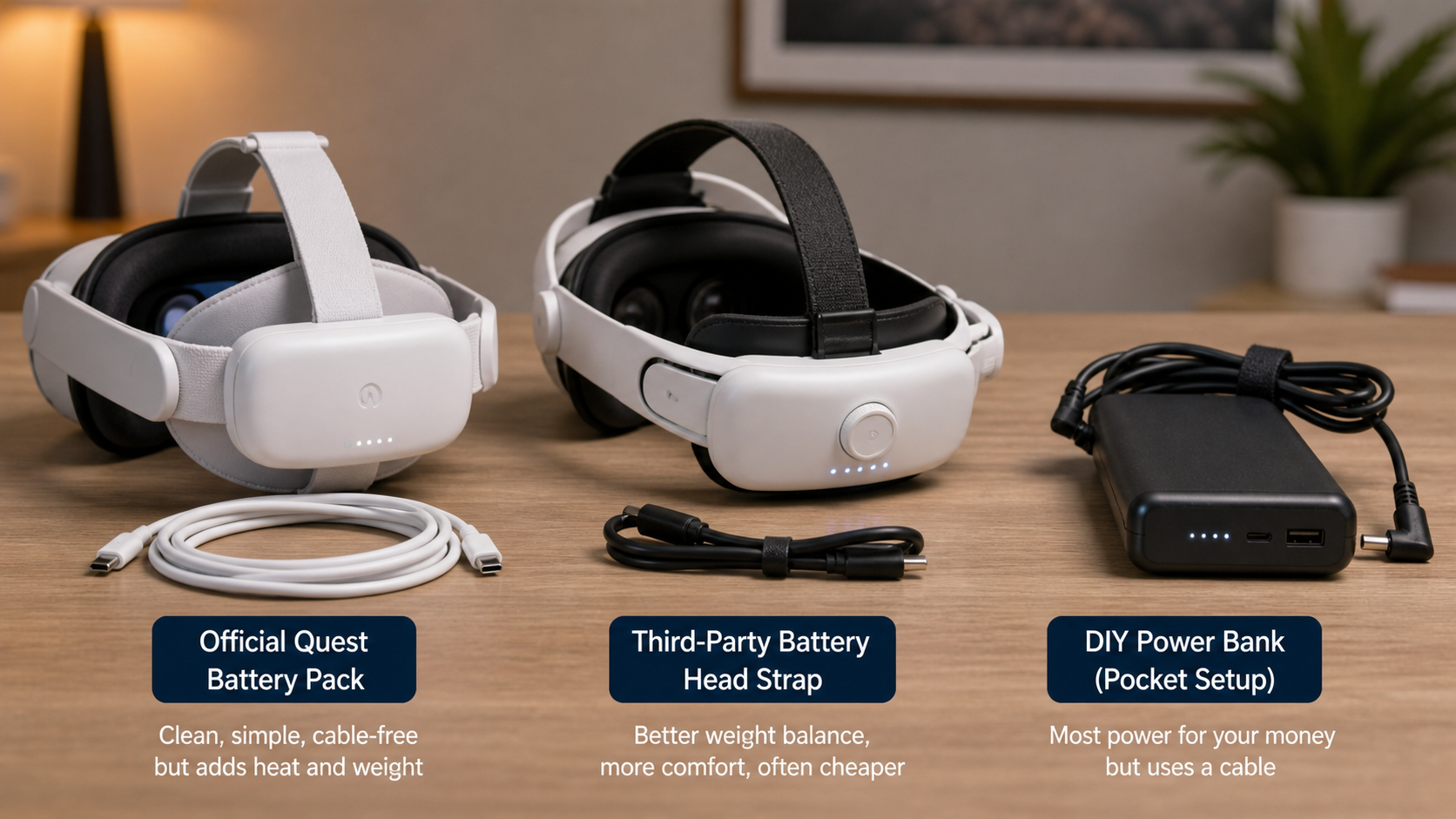 A side-by-side comparison of an official battery pack, a third-party battery head strap, and a DIY power bank.
