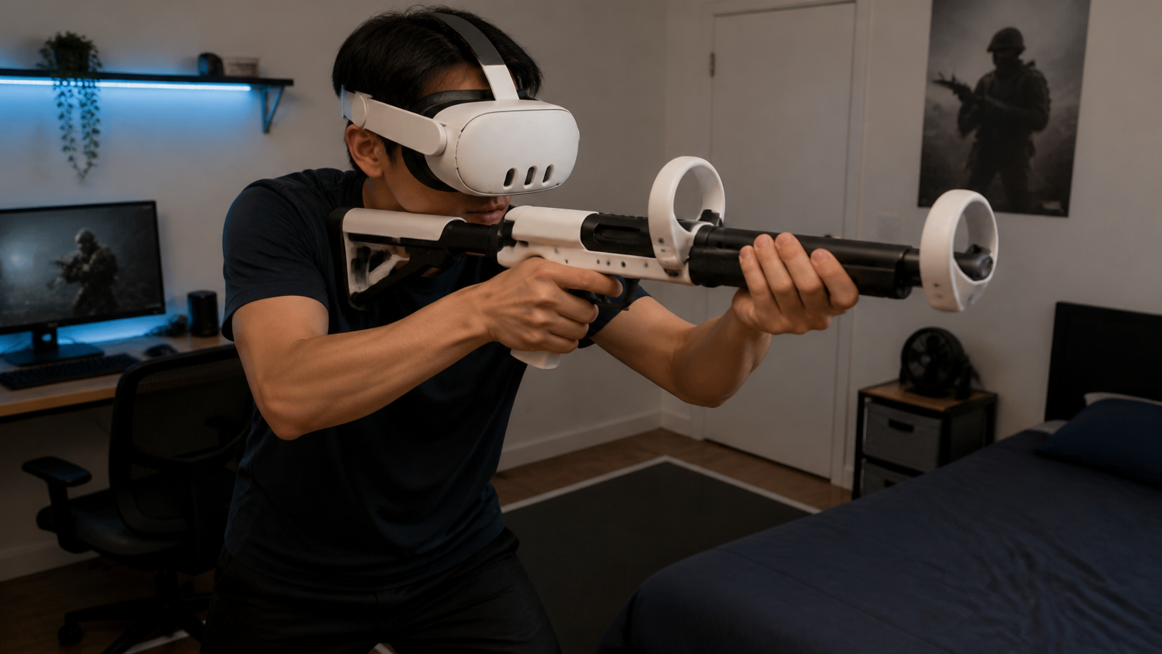 A player in a small bedroom carefully aims a VR rifle with a gunstock, looking focused.