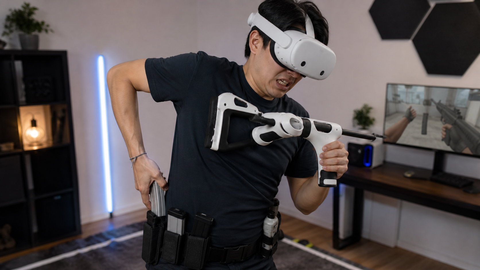A VR player with a gunstock looks frustrated trying to reach for a virtual magazine on their belt.