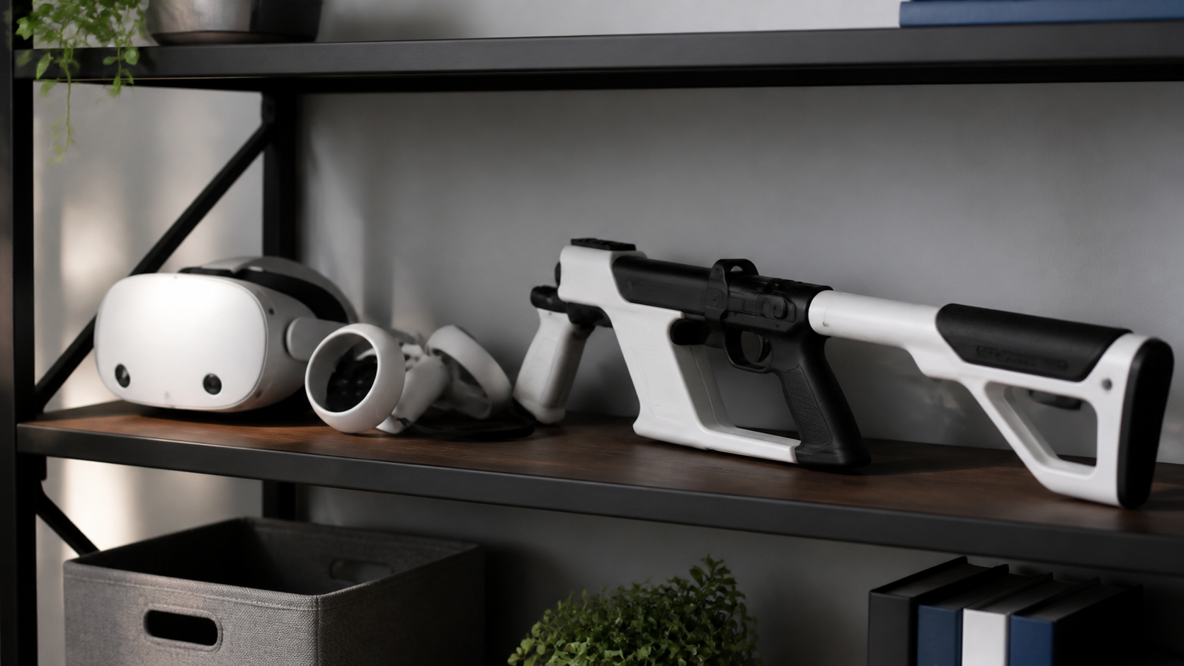 A VR gunstock accessory rests on a shelf next to a headset, implying it's not always in use.