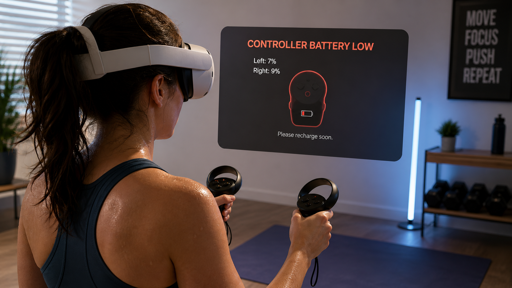 A VR fitness user looking at their Quest Pro controllers with a low battery warning visible in-game.