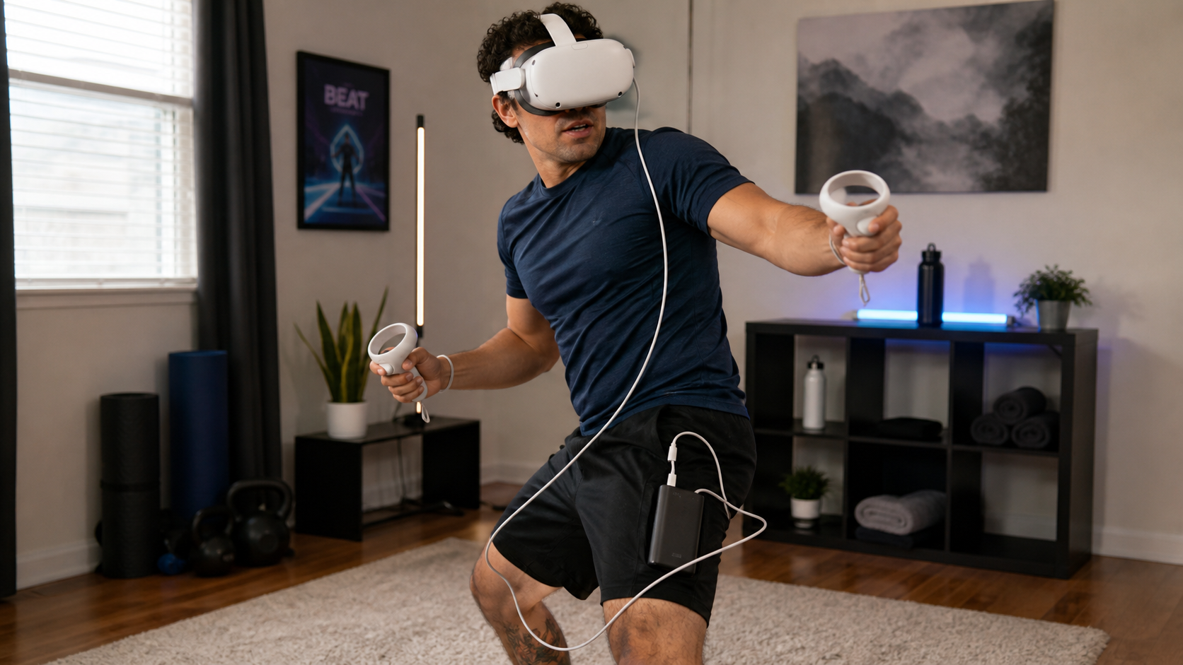 A person playing a VR game while tangled in a long USB-C cable connected from their pocket to their controller.