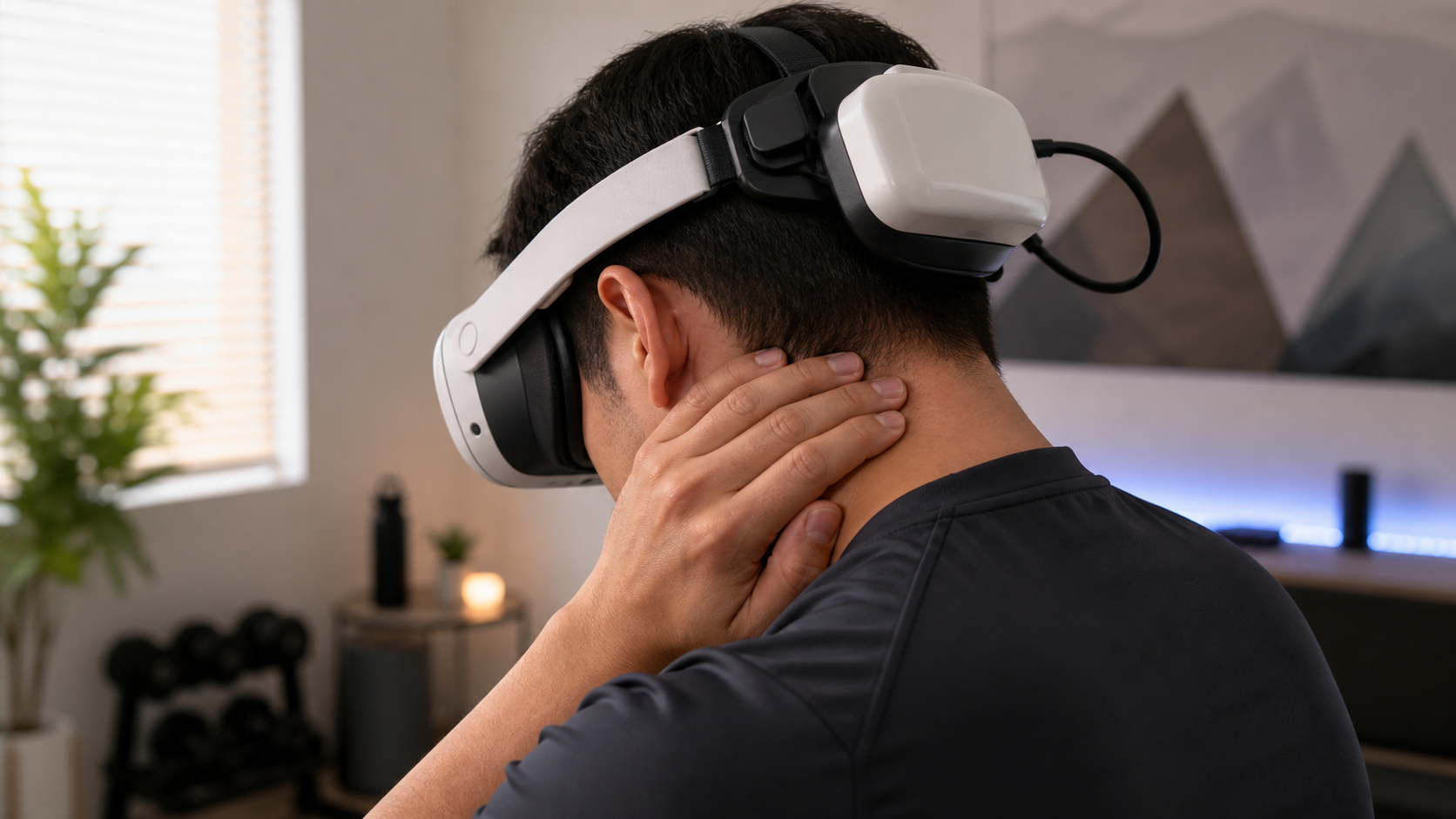A VR user rubbing the back of their neck, showing discomfort from a bulky battery pack on their head strap.