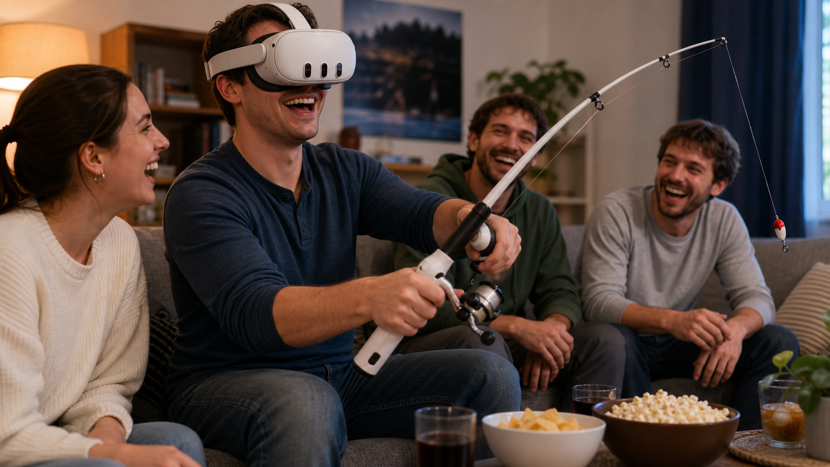 A family on a couch laughing while one person, a left-hander, uses a VR fishing rod accessory.