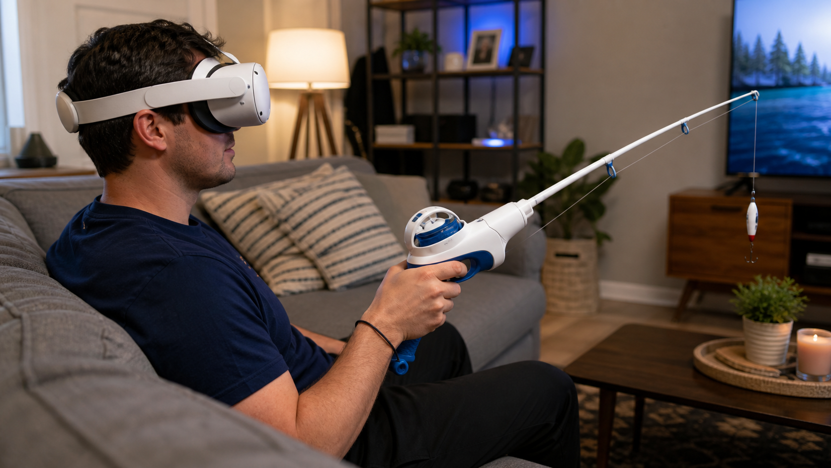 A left-handed gamer sitting on a couch, comfortably holding a VR fishing rod with a neutral wrist position.