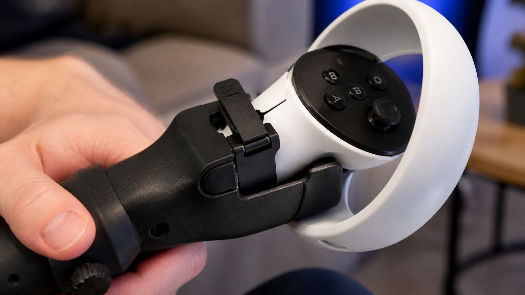 A close-up view showing the secure lock mechanism of a VR controller inside the fishing rod attachment.