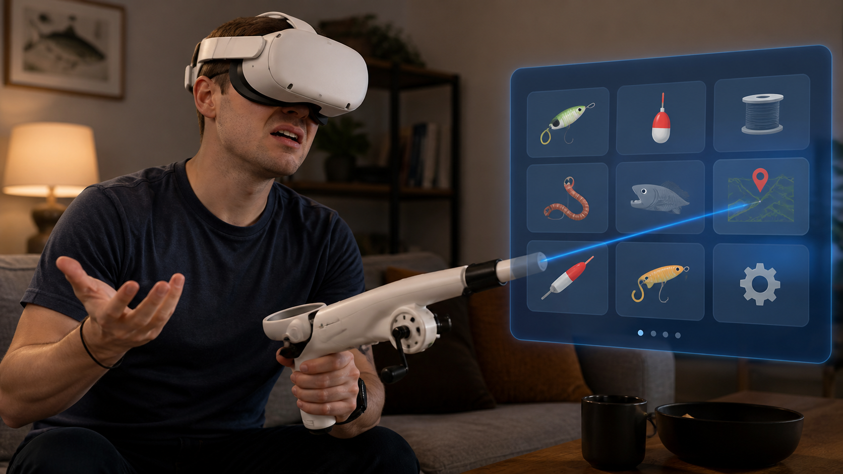 A player looking frustrated while trying to navigate an in-game menu with a controller inside a fishing accessory.