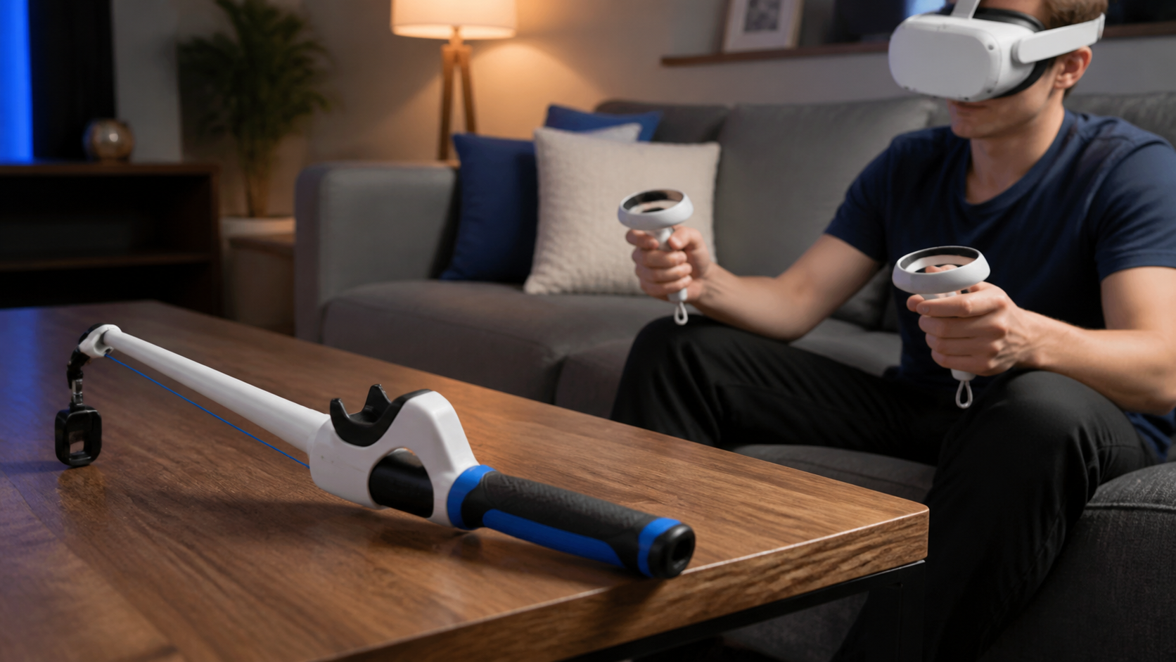 A VR fishing rod accessory sitting unused on a coffee table next to a player using bare controllers.