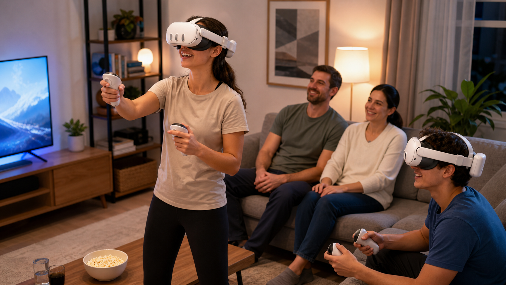 A family in their living room taking turns using a Meta Quest 3 with an attached battery pack