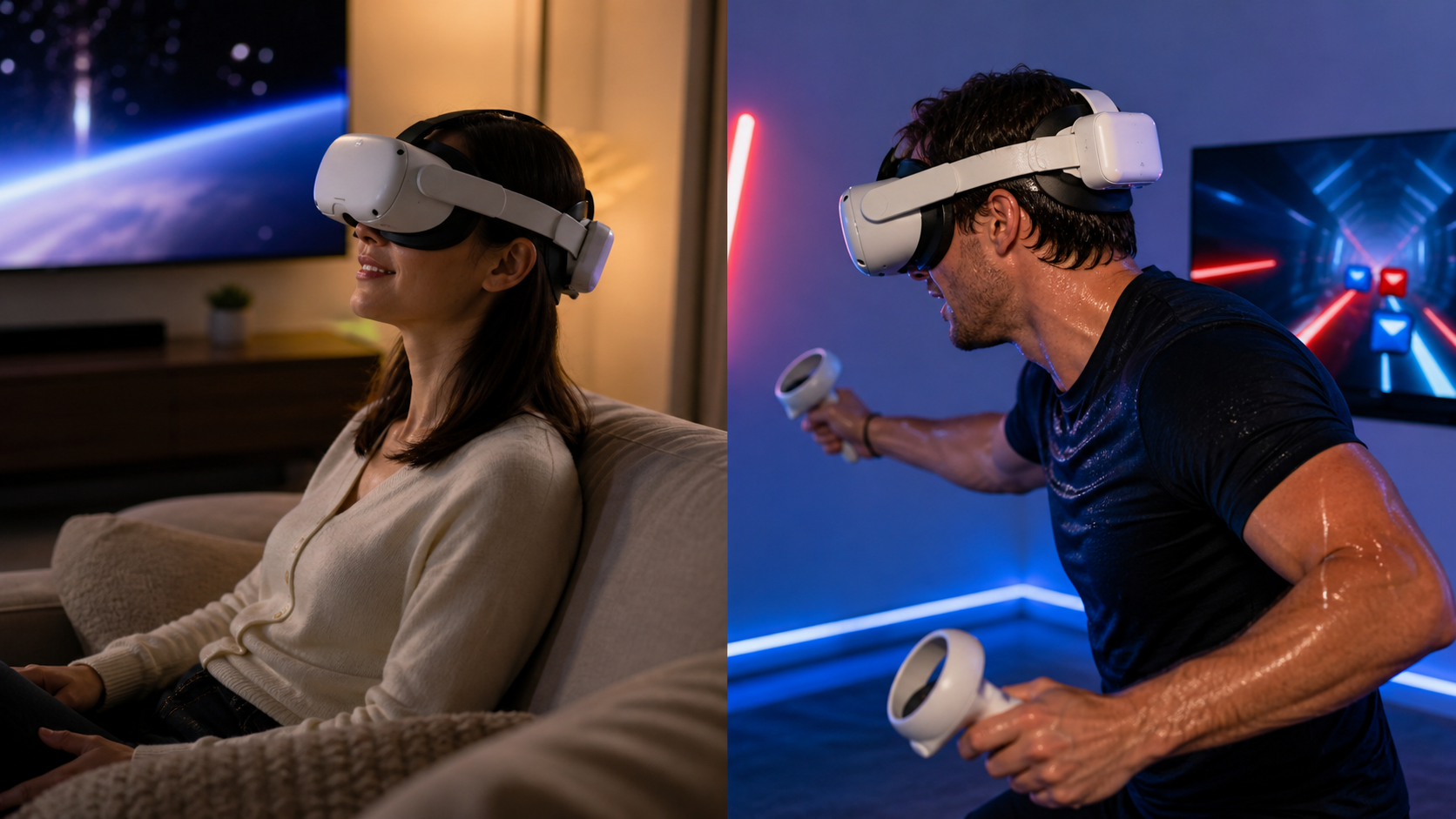 A split-screen image showing one person relaxing with a movie in VR and another sweating during a VR fitness game