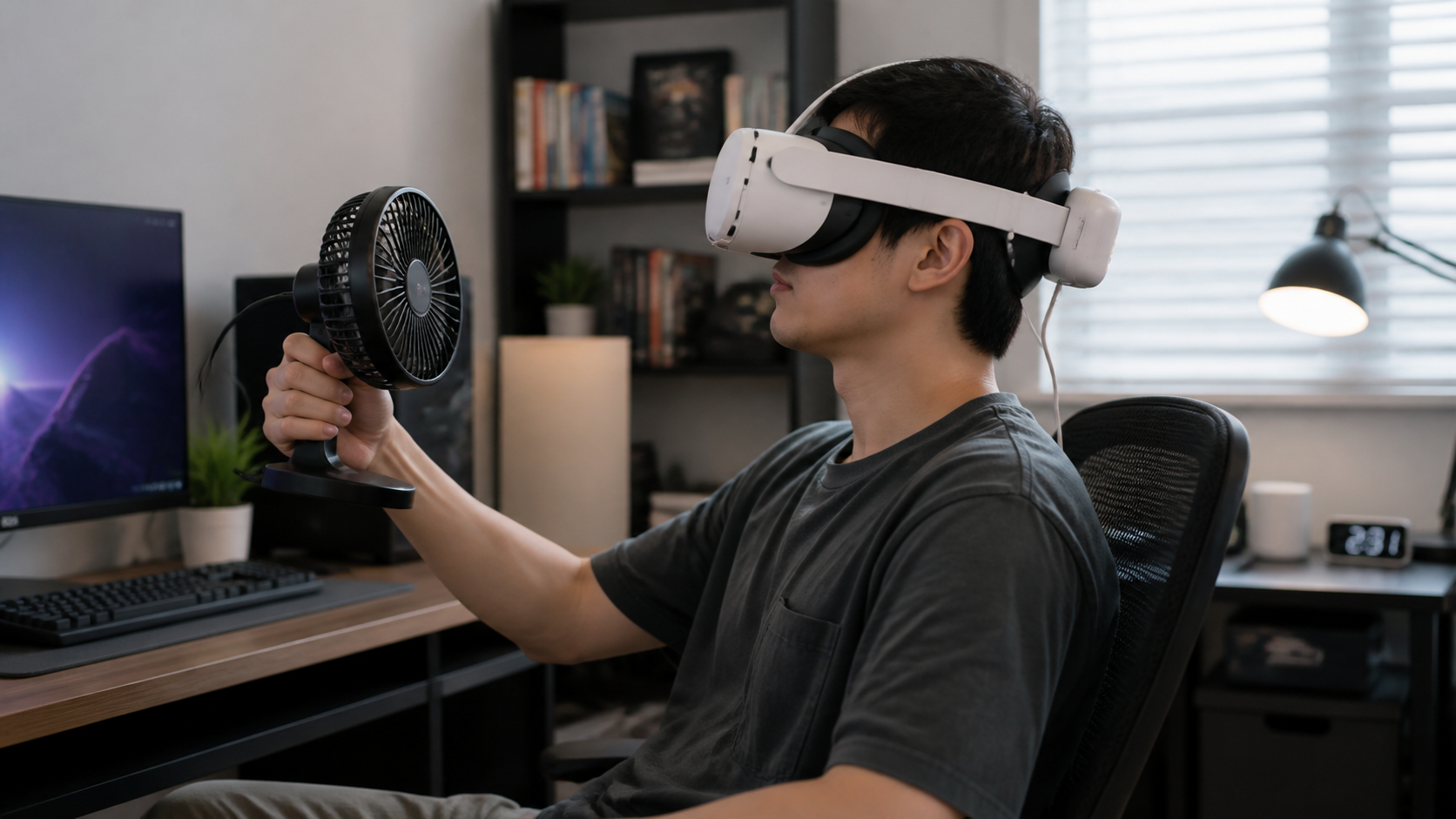 A person aiming a small desk fan towards their head while using a VR headset in their study
