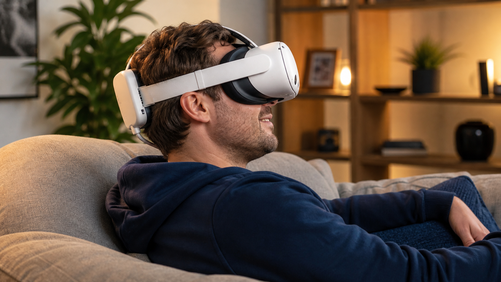 A Quest 3 user looking comfortable and relaxed, with the battery pack on the back strap providing a clear counterbalance