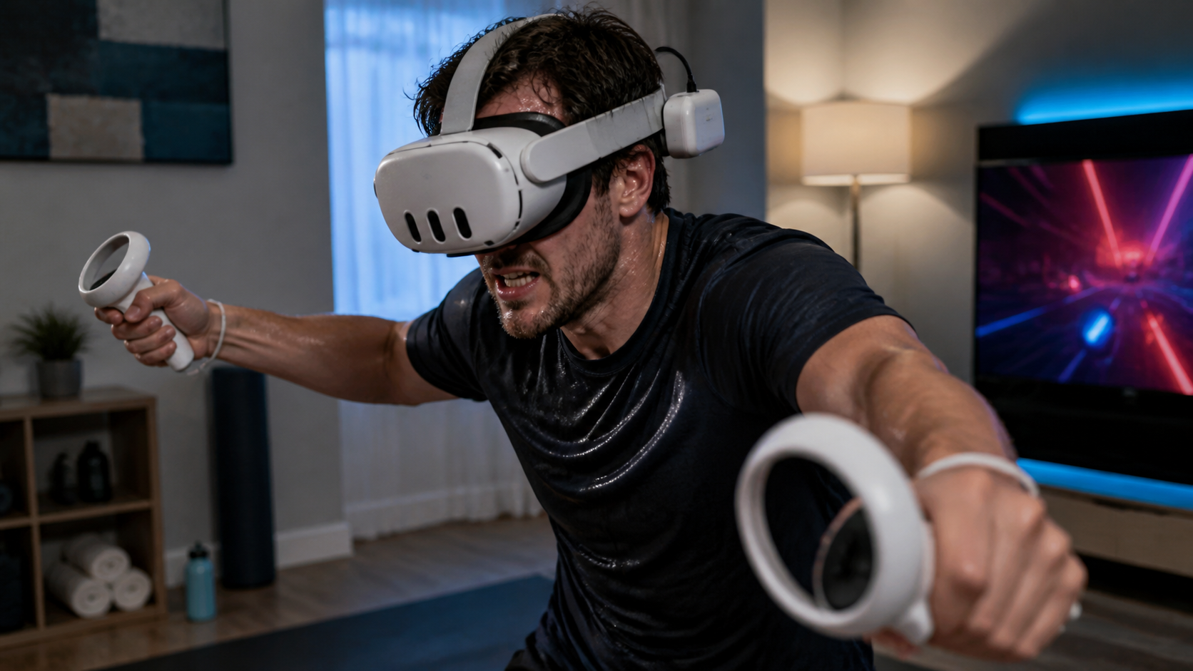 A VR user looking frustrated while playing an intense fitness game, sweating from the heat and weight of a battery pack
