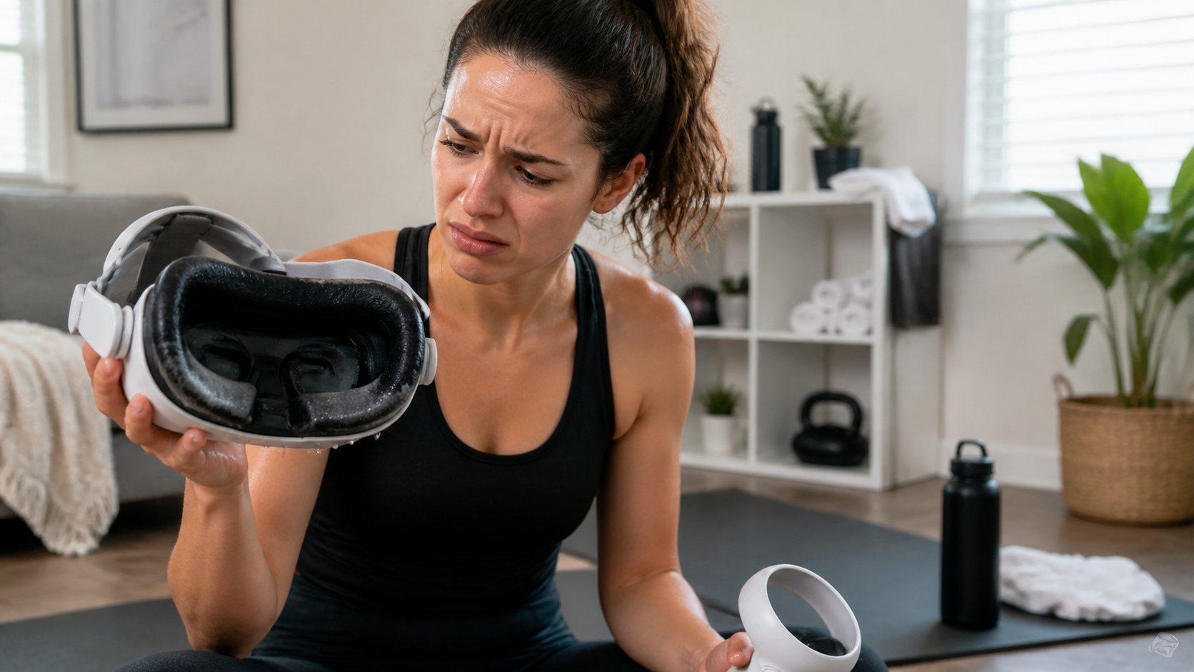 A person in workout clothes looking at their soggy Meta Quest 2 foam pad after a VR fitness session.