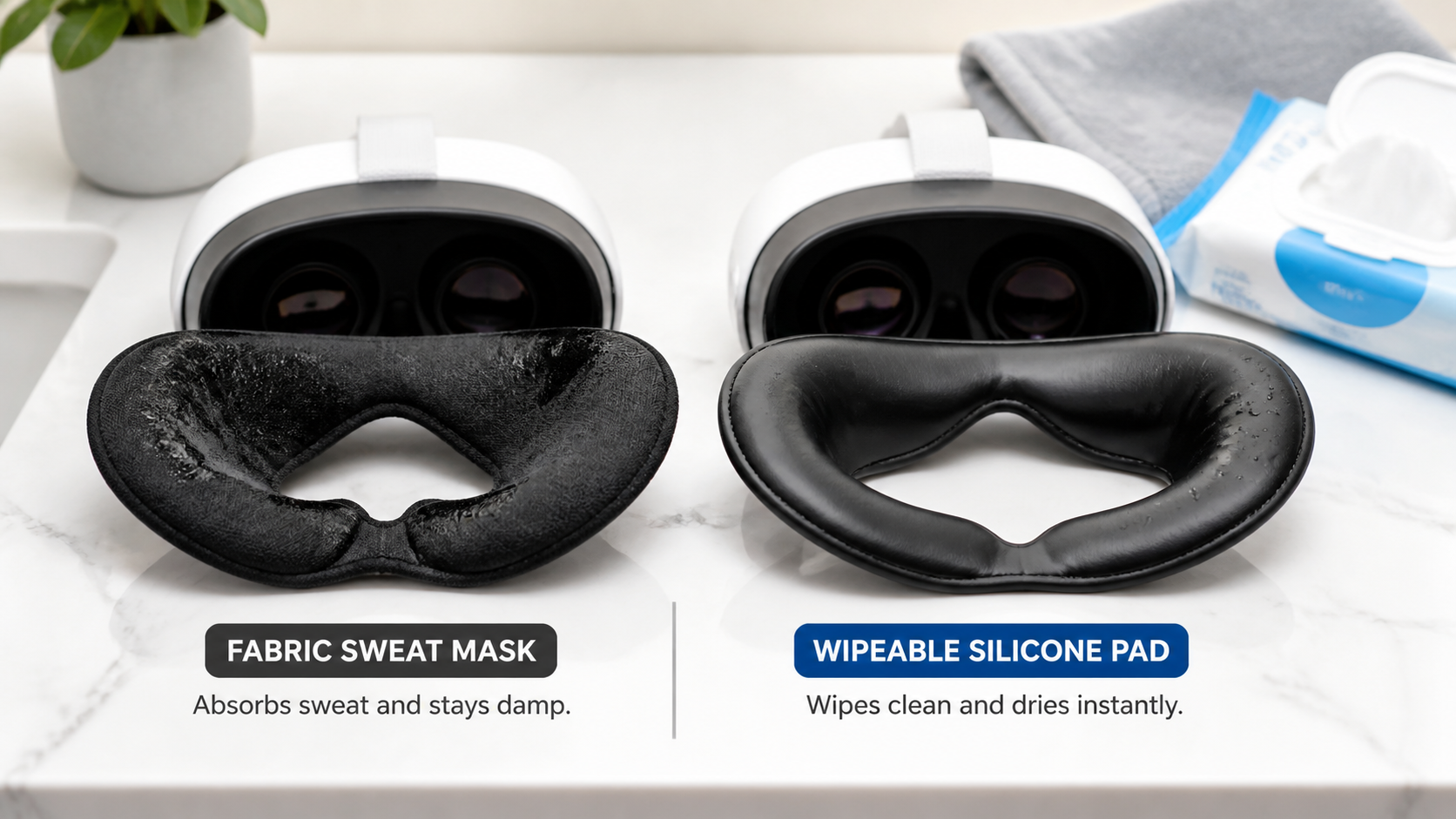 Side-by-side comparison of a damp fabric sweat mask and a clean, wipeable silicone VR facial interface.