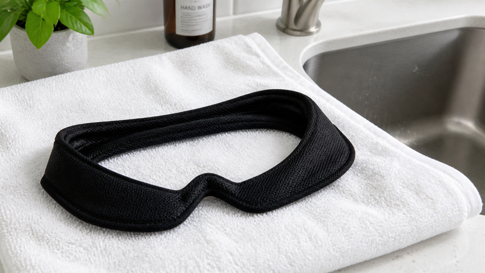 A freshly washed black VR sweat mask air drying on a clean white towel next to a sink.