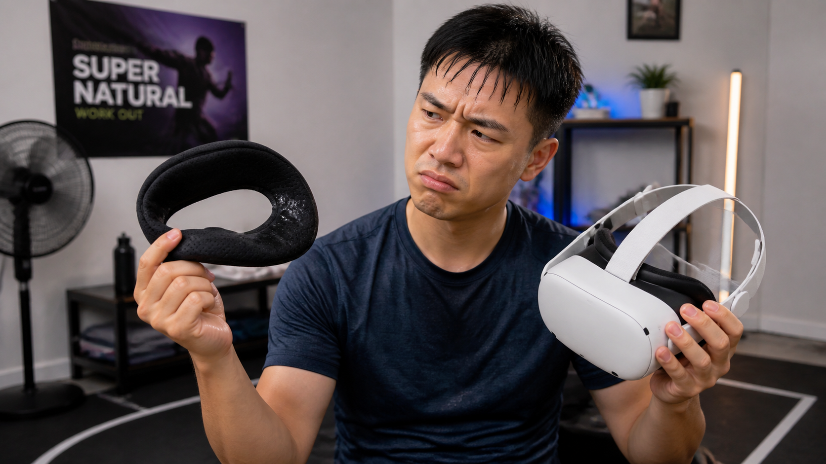 A VR user looking frustrated while holding a sweat mask and a headset, showing their indecisiveness about the accessory.