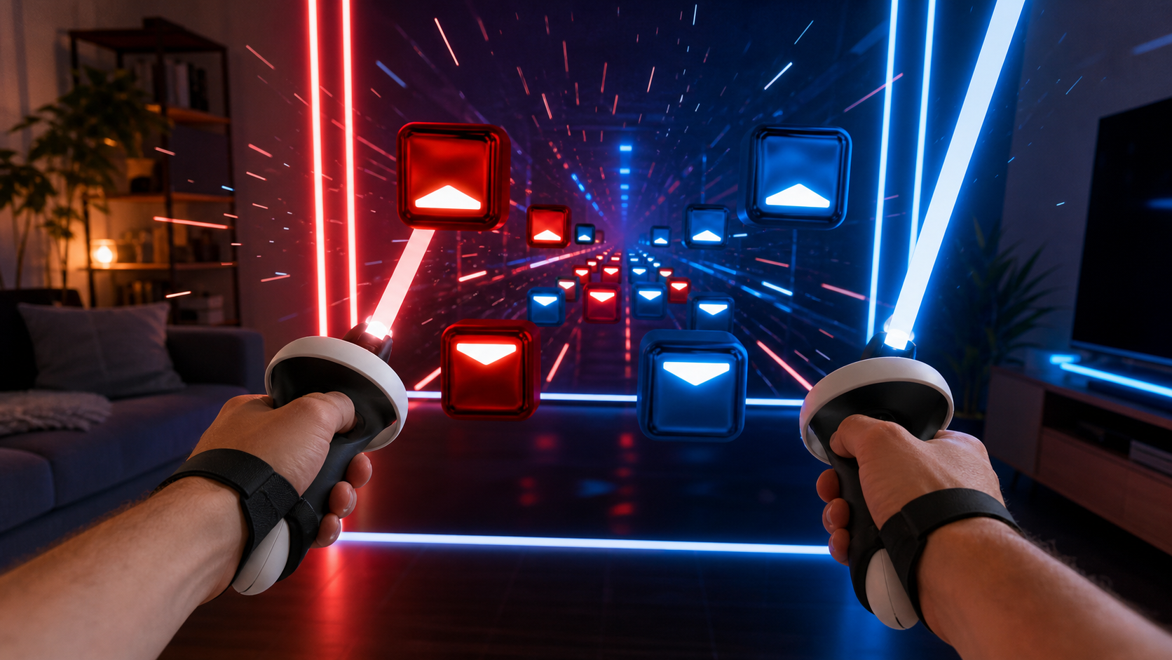 A first-person view of a player in Beat Saber facing a wall of fast-approaching blocks on an Expert+ map.