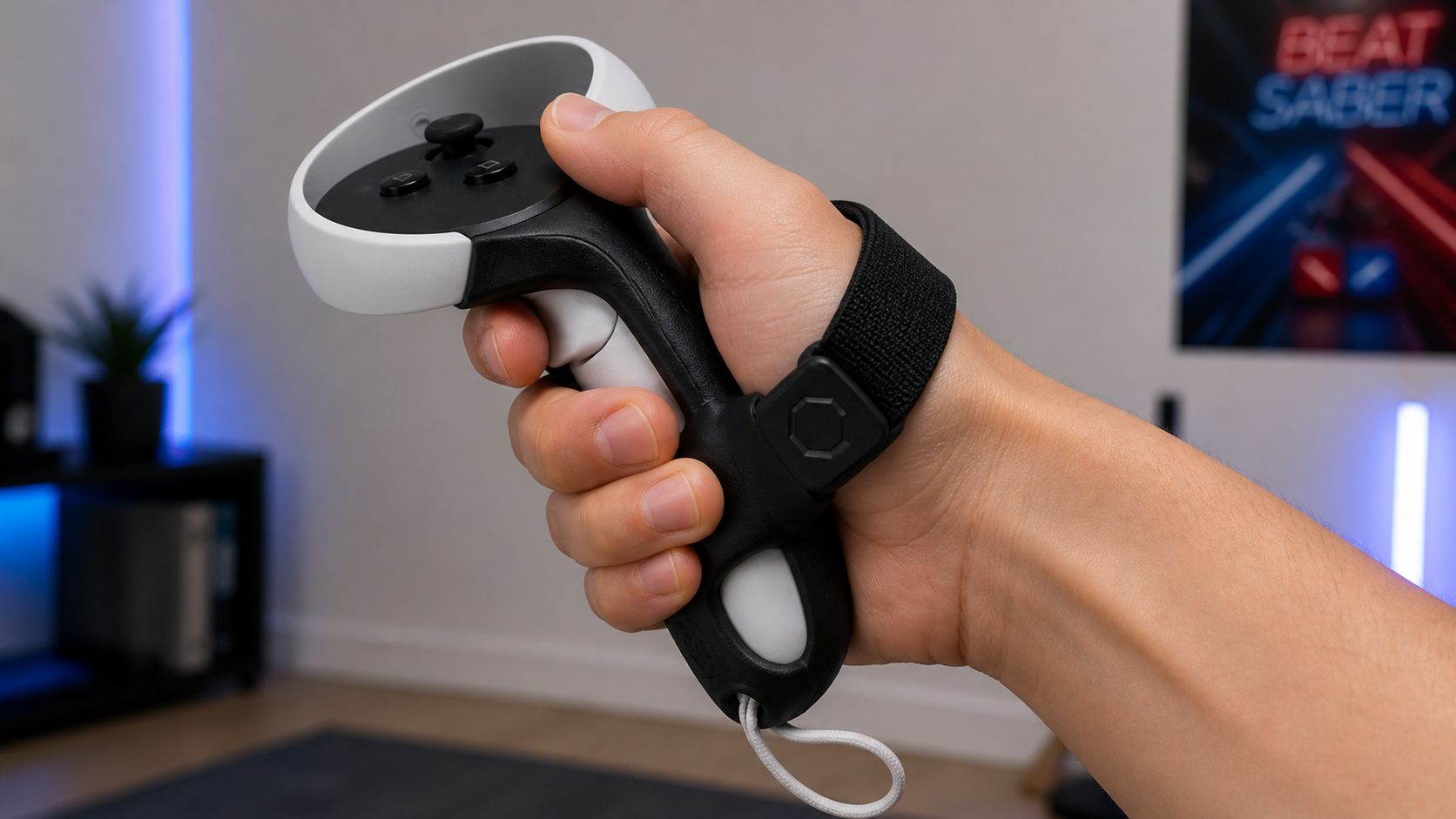 A close-up of a hand holding a Meta Quest 3 controller with a grip accessory, showing the new hand position.