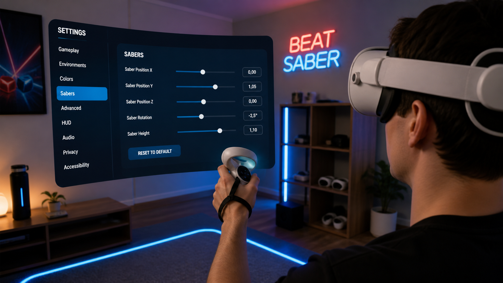 A Beat Saber player carefully adjusting the in-game saber angle settings on their Meta Quest 3.