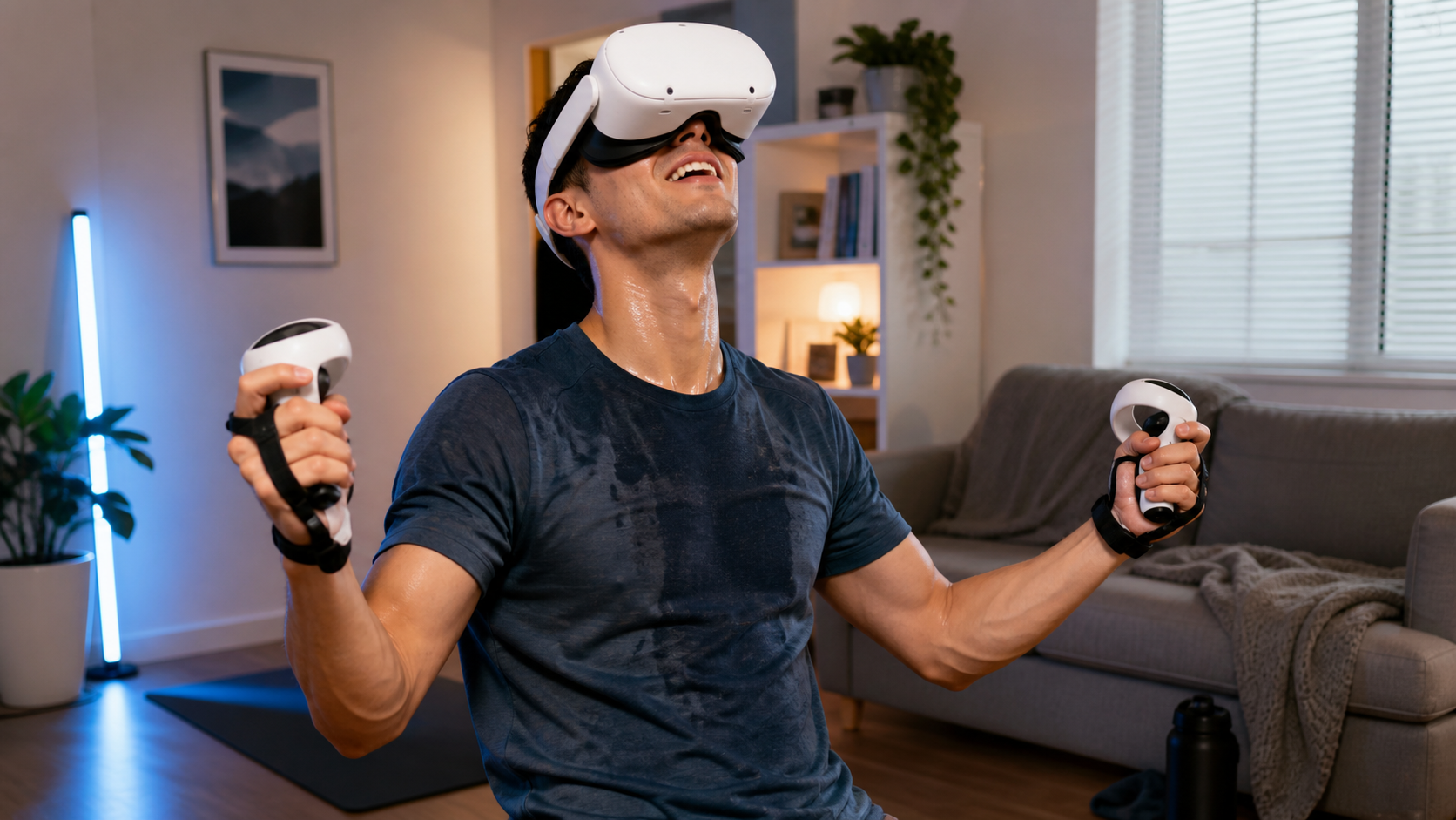 A VR player looking relieved, holding controllers with grips after a long and comfortable Beat Saber fitness session.