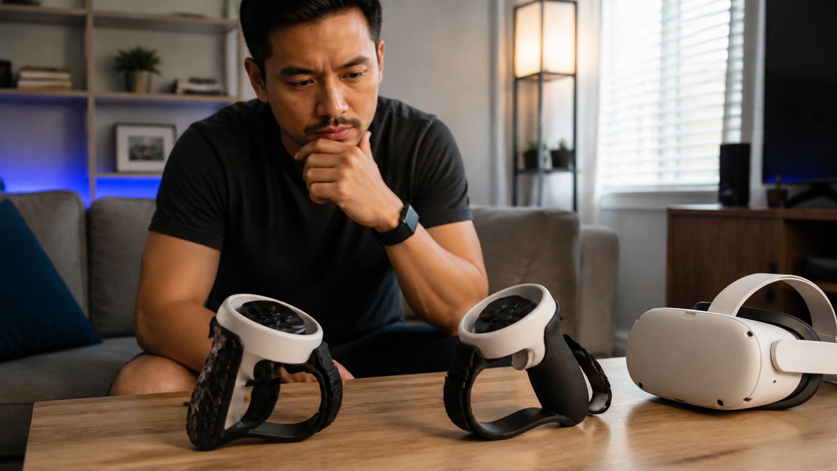 A player in their living room looking thoughtfully at two different styles of VR controller grips on a table.