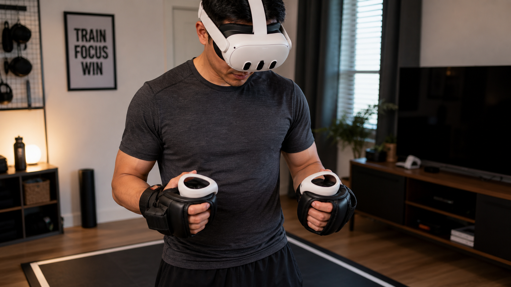 A person wearing VR boxing gloves and a Quest 3, looking down at their hands before a workout.